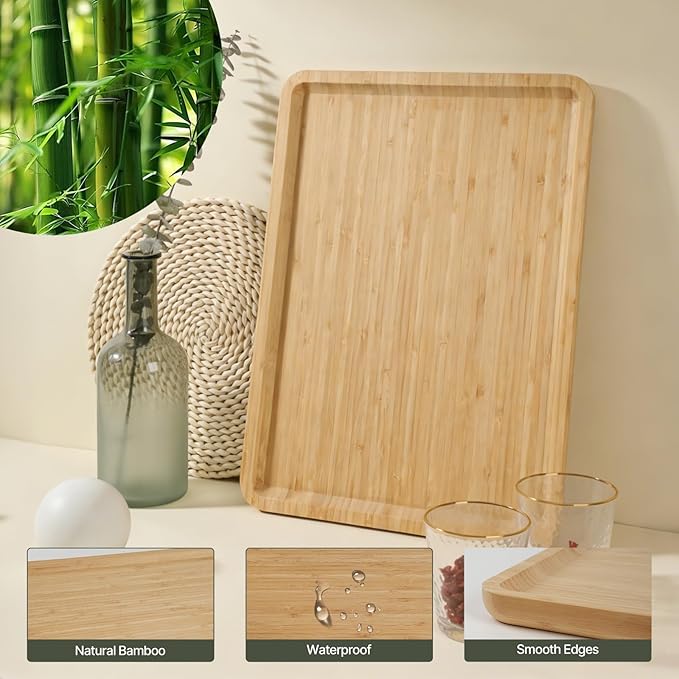 Bamboo Serving Tray Rectangle Platter Breakfast Dinner Food Bed Tray for Eating Kitchen Restaurants (1, 14.2" x 9.5" x 0.8" (no Handle))