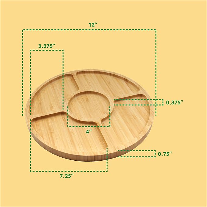 BambooMN Natural 12" Bamboo Round 5 Compartment Serving Tray/Platter, Charcuterie Board, Perfect for Snacks, Party Platter, Appetizers - 10 Trays