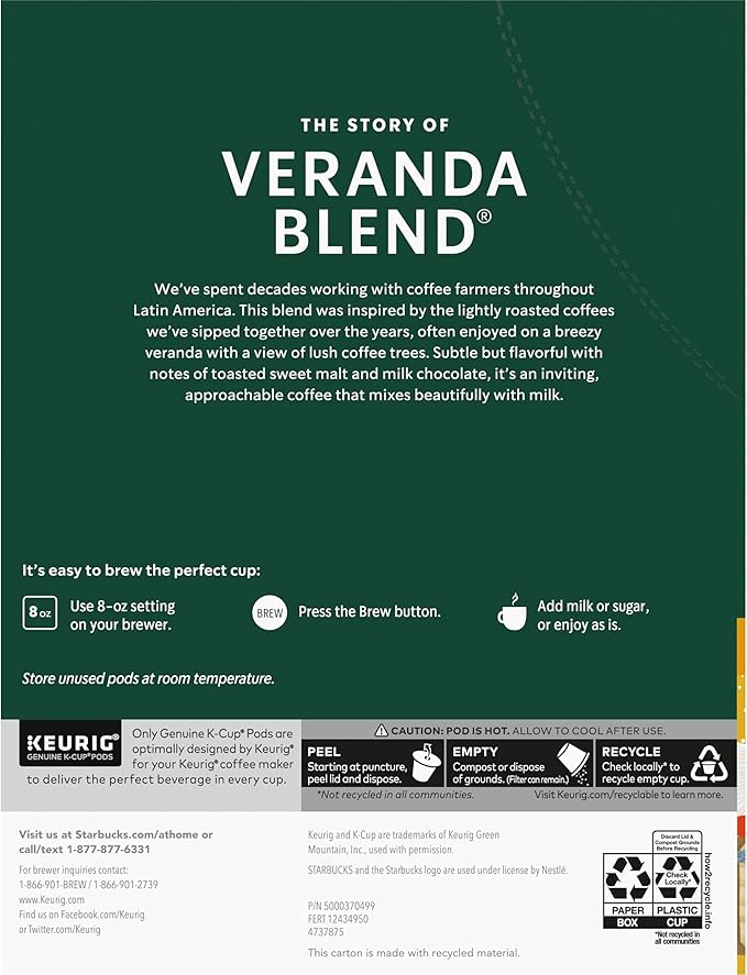 Starbucks Coffee K-Cup Pods, Veranda Blend, Blonde Roast Coffee, Notes of Toasted Malt & Milk Chocolate, Keurig Genuine K-Cup Pods, 24 CT K-Cups/Box (Pack of 3 Boxes)