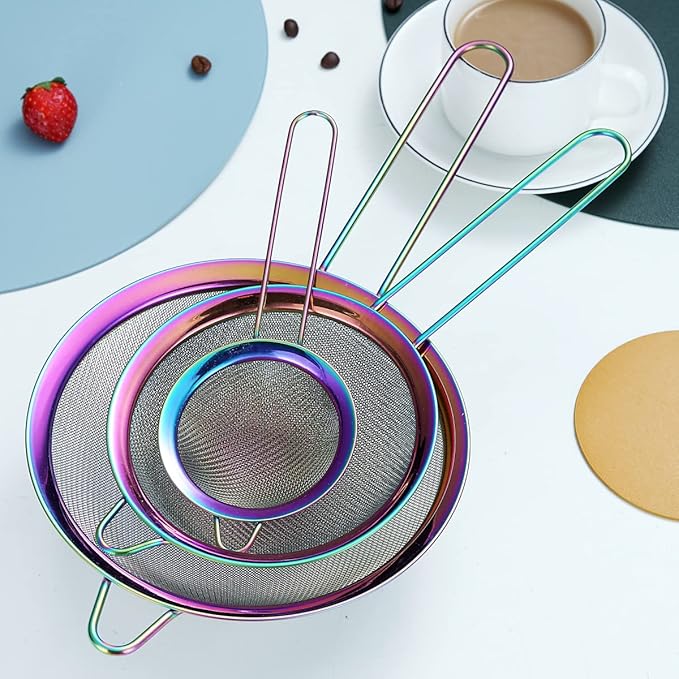 Kyraton Rainbow Fine Mesh Strainer 3 Pieces Set, Copper Flour Sifter For Baking, Stainless Steel Clander, Matcha Tea Strainer, Gravy Separator, Stasher Sieve Pasta Strainers