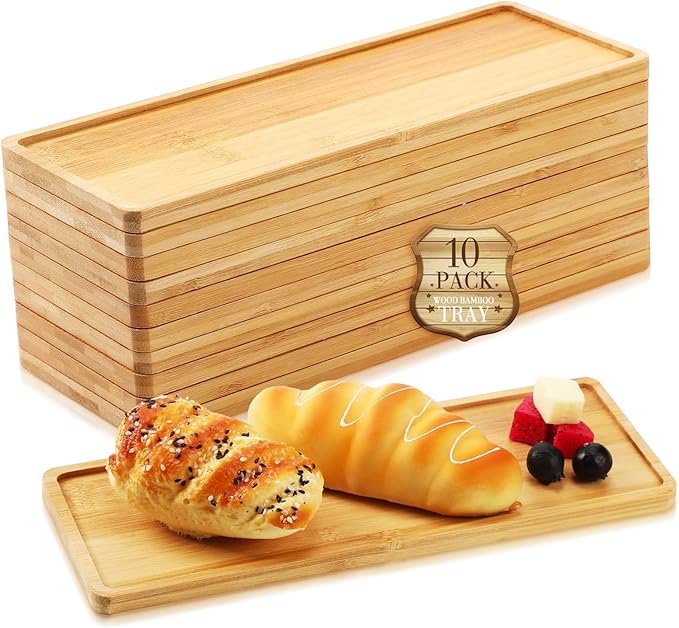 Bokon 10 Pcs Rectangle Wood Bamboo Tray Bamboo Serving Tray Wooden Serving Platter for Bathroom Counter Platter for Food Dinner Kitchen(Rounded Edges)
