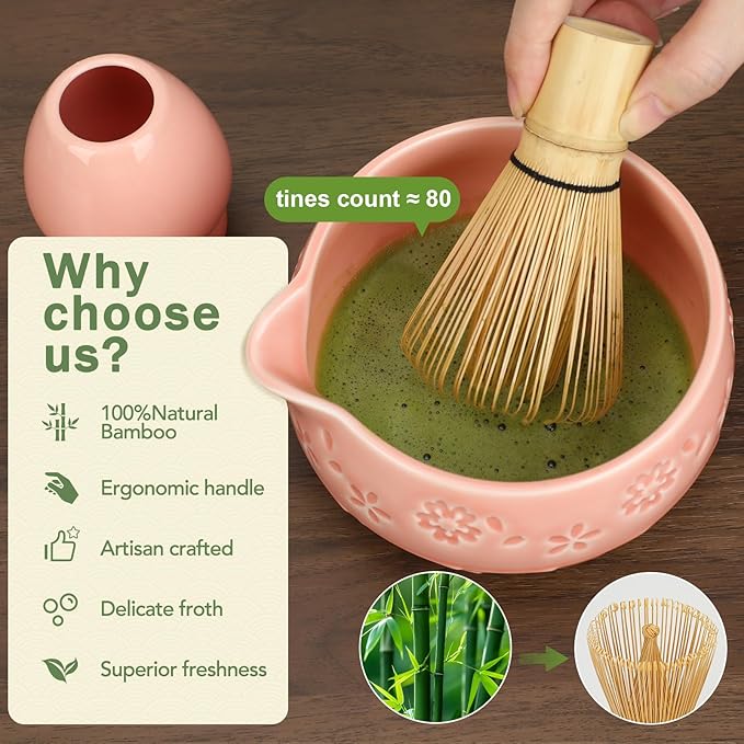 Matcha Whisk Set, Ceramic Bowl with Spout, Bamboo Matcha Whisk & Spoon, Chasen Holder, Scoop Rest, Sifter, 8-Pcs Japanese Ceremony Matcha Powder Kit–Valentine's Day Gift for Women-Pink