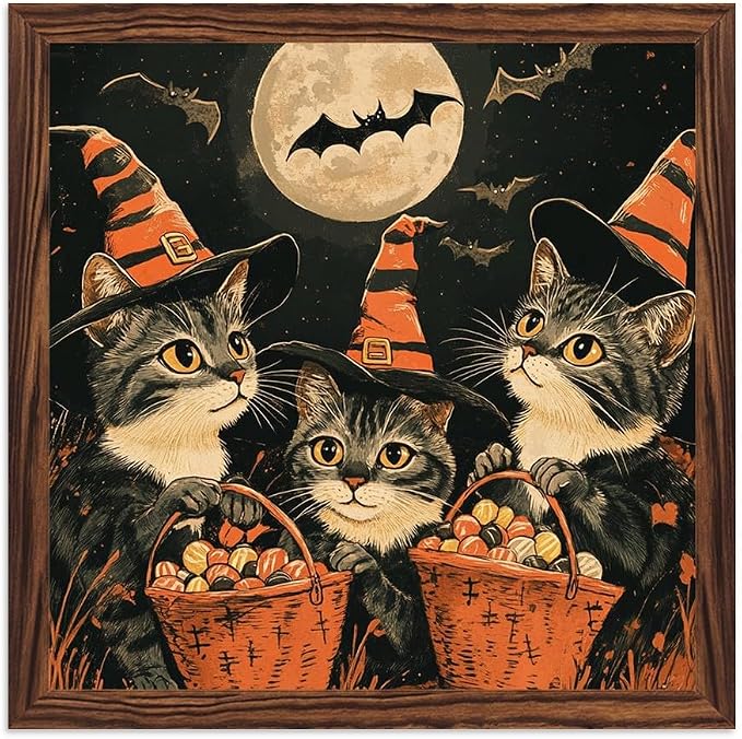 Vintage Halloween Decorative Sign Witch Cats Holding Baskets of Candy Art Wooden Sign, With Frame Festival Sign for Home Office, Cafe, Bathroom Halloween Decor 7.87x7.87 Inch by Nwijvsn