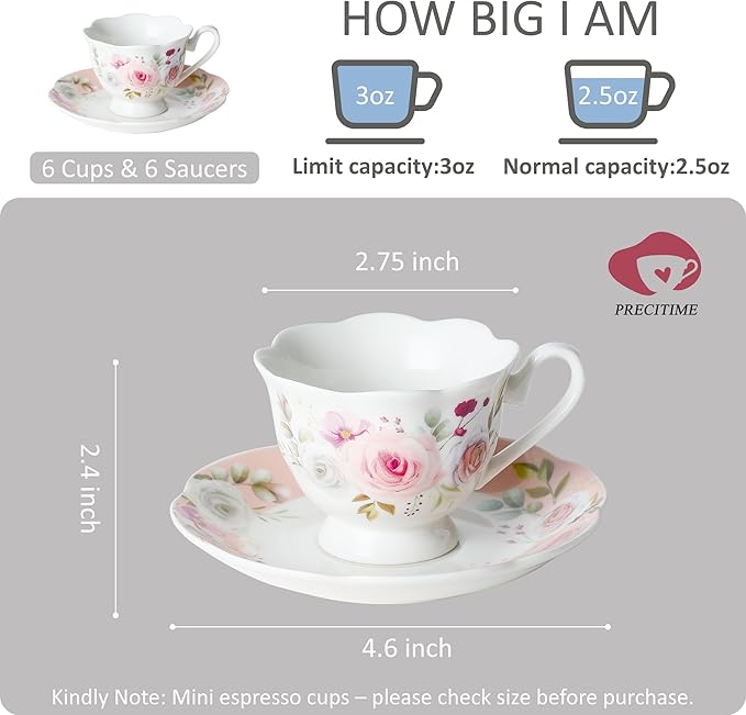 Porcelain Demitasse Set of 6 (12-Piece) - 2.5oz Espresso Cups & Saucers with Romantic Pink Floral Pattern, Dishwasher & Microwave Safe