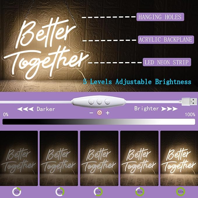 Better Together Neon Sign, Wedding Neon Sign, LED Neon Light for Wall Decor, Warm White Led Neon Light USB Dimmable Letters Neon Signs for Wedding, Engagement Party