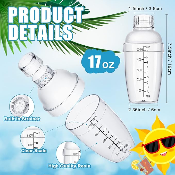 Lallisa 12 Pcs Plastic Cocktail Shaker Drink Mixer with Scales and Strainer Top Clear Shaker Cup with Measurement Plastic Mixing Tool for Tea Coffee Bubble Tea Milk(550 Cc/ 19 oz)