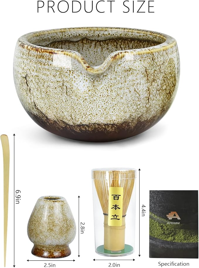 Artcome Matcha Tea Set – 20.2oz Premium Matcha Bowl with Spout, Whisk, Scoop, Whisk Holder & Brewing Guide – Authentic Japanese Tea Ceremony Tools for Perfect Matcha Preparation, White