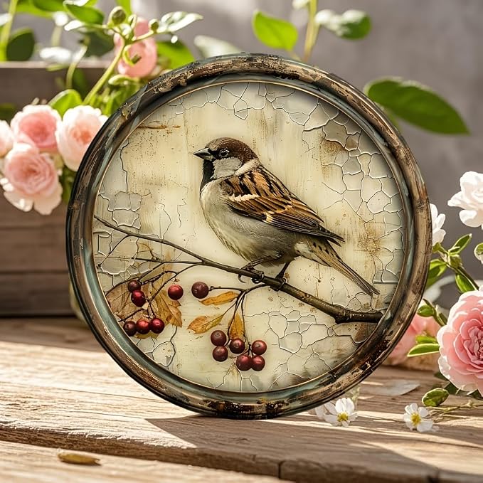 A Vintage Bird with a Cherry Round Wooden Sign, 8X8 Inches,Printed Wooden Wall Art, Suitable for Home, Kitchen, Garden, And Office Decor - The Perfect Holiday Gift. - Image 3