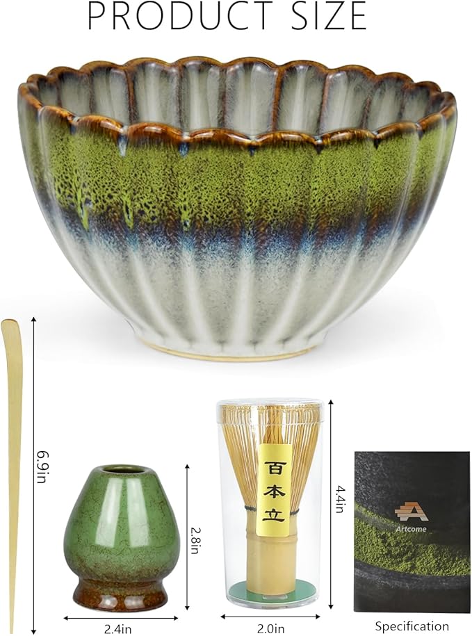 Artcome Matcha Tea Set - 17oz Petal-Shaped Matcha Bowl, Bamboo Whisk, Scoop, Whisk Holder & Brewing Guide - Japanese Tea Ceremony Tools for a Perfect Matcha Experience, Gradient Green