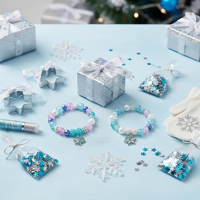 Ecally 12 Pcs Snowflake Party Favors Snowflake Beaded Bracelet Bulk Winter Christmas Party Supplies Jewelry Princess Birthday Prize Gifts for Girls Women