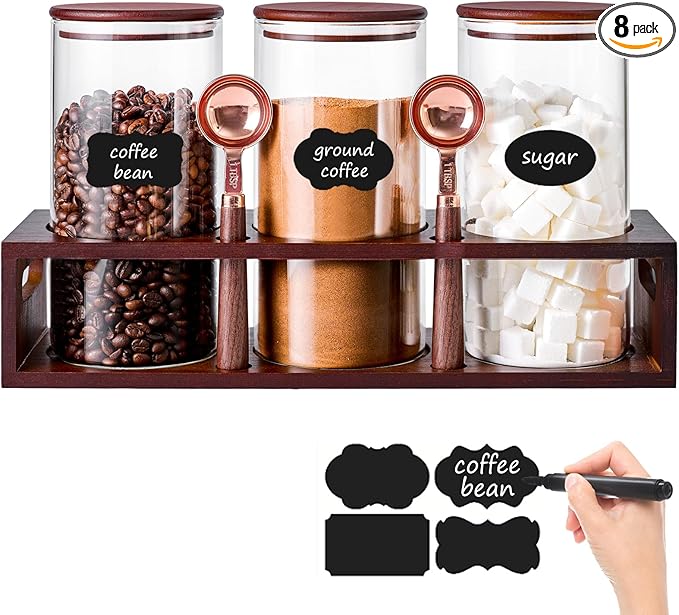 ZOMUIA Glass Coffee Containers Airtight Coffee Bean Storage Canisters with Shelf, 3Pcs 44oz Coffee Station Organizer, Kitchen Food Storage Jars for Sugar, Candy, Oats, Nuts (Retro)