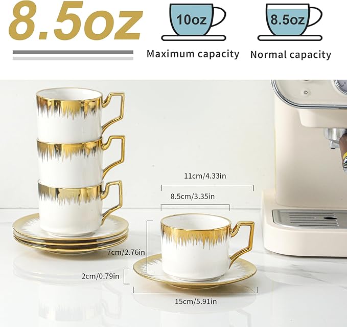LETAOTAO Cappuccino Cups with Saucers, 8.5 oz Stackable Ceramic Coffee Cup and Saucer with Gold Trim, Turkish Coffee Cups Set for Double Espresso, Tea Cups Set of 6, White