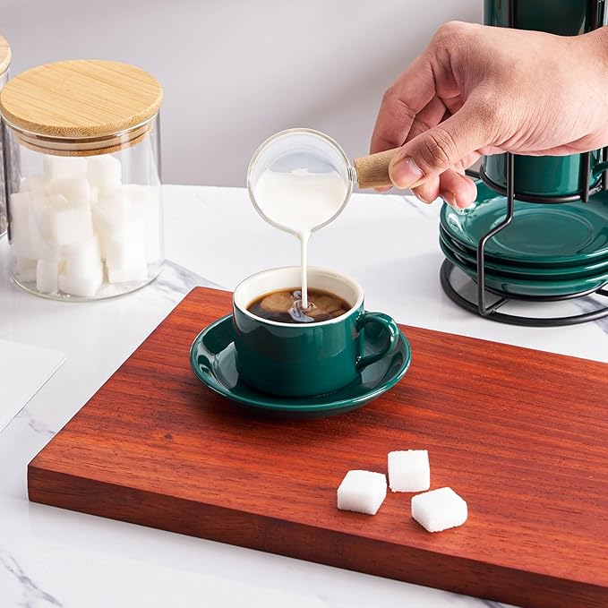 4oz Porcelain Stackable Espresso Cups with Saucers and Metal Stand Set of 4, Stackable Espresso Cups Set of 4, Green Expresso Shots Cup Set for Coffee Drinks, Cappuccino Latte, Americano, Tea