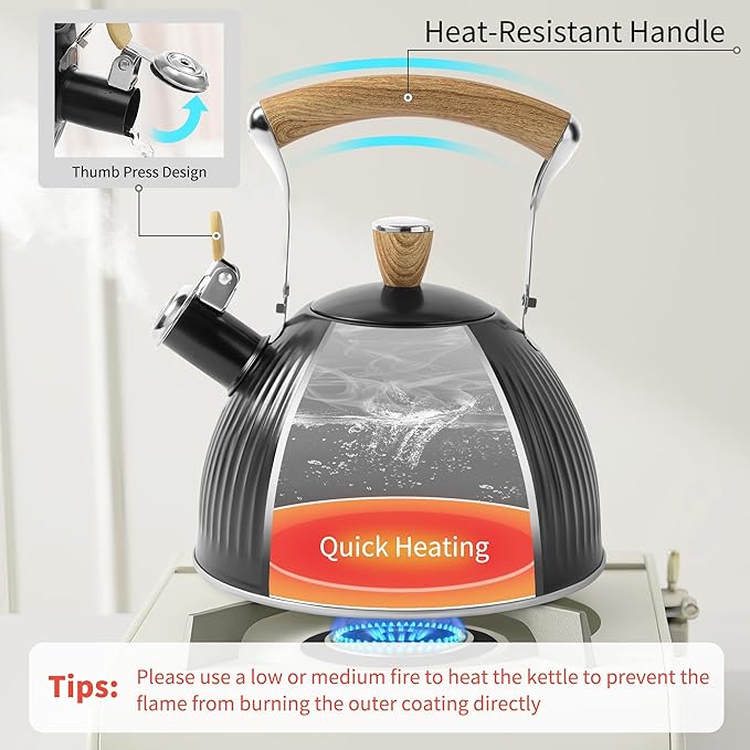 LONFFERY Tea Kettle for Stove Top, 2.5 Quart Whistling Tea Kettle, Stainless Steel and Wood Pattern Folding Handle, Black