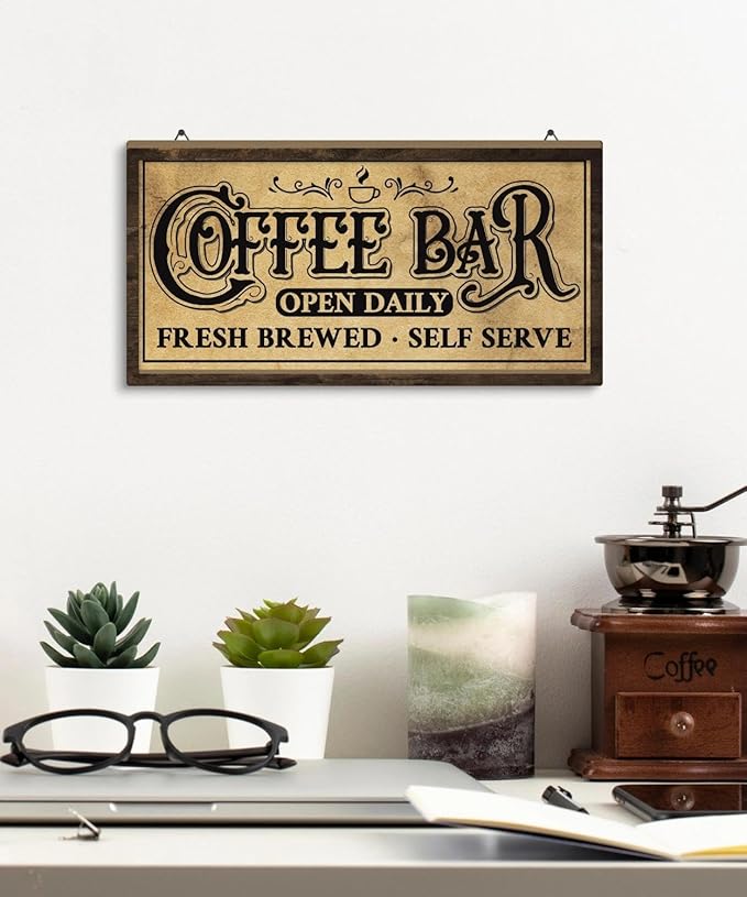Putuo Decor Vintage Coffee Bar Sign, Farmhouse Coffee Accessories for Cafe Station Wall Decor, Small Cafe Sign for Home Kitchen Countertop Decoration