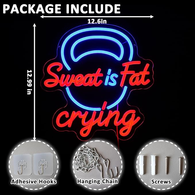 Sweat Is Fat Crying Neon Sign for Wall Decor Dimmable Gym Led Sign for Fitness Room Funny Neon Light for Workout Room Garage Man Cave Club Party Decor Gift for Trainer Exercise Lover