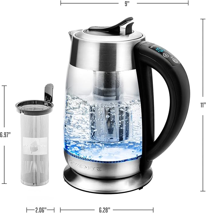 OVENTE Electric Glass Kettle Water Boiler 1.8 Liter BPA Free - 1500W w/Stainless Steel Infuser, Set Temperature Control, Auto Shut Off, Portable Fast Instant Heater for Coffee & Tea - KG661S