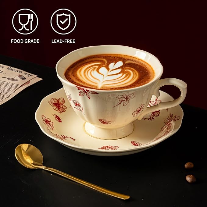 Vintage Porcelain Tea Cup and Saucer Set for 1, 8 oz Cappuccino Cup with Golden Spoon, Small Cream Red Floral Latte Art Cup, Happy Birthday Gifts