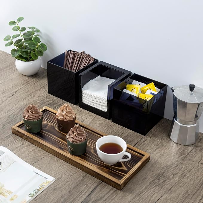 MyGift Coffee Organizer, Modern Acrylic Coffee and Tea Organizer with 3 Removable Premium Translucent Black Acrylic Compartments and Rustic Burnt Solid Wood Decorative Tray, 4 Piece Set - Image 3