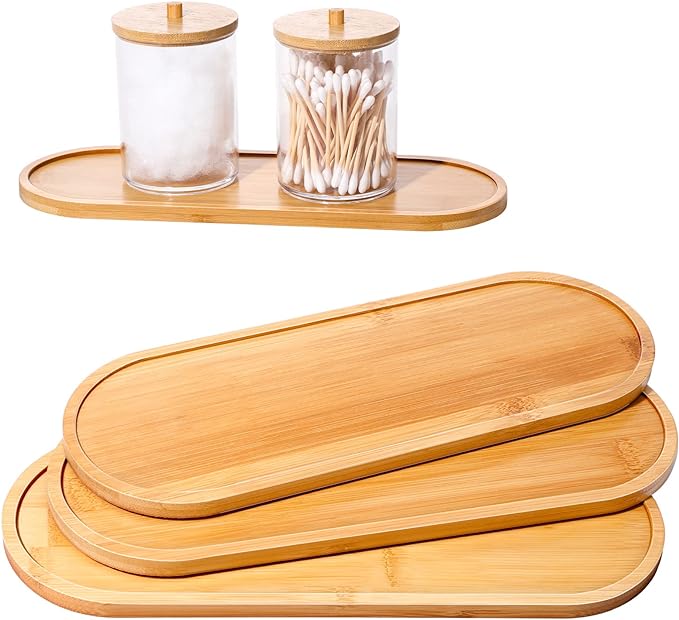 Chengu 3 Pcs Bamboo Vanity Trays for Bathroom Small Wooden Serving Tray for Bathroom Counter Food Appetizer Tea Dessert Kitchen Candle Tissue Toilet Tank Home Decor, 11 x 4 Inch(Oval Edge Style)