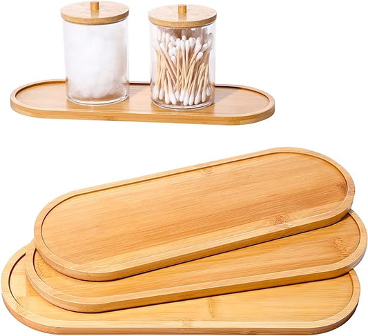 Chengu 3 Pcs Bamboo Vanity Trays for Bathroom Small Wooden Serving Tray for Bathroom Counter Food Appetizer Tea Dessert Kitchen Candle Tissue Toilet Tank Home Decor, 11 x 4 Inch(Oval Edge Style)