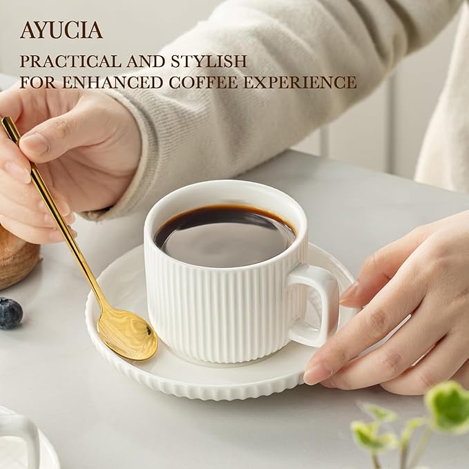 5 Ounce Espresso Cups Set of 4, Small Coffee Cups with Saucers and Spoons, White Cream Ceramic Demitasse Espresso Mugs