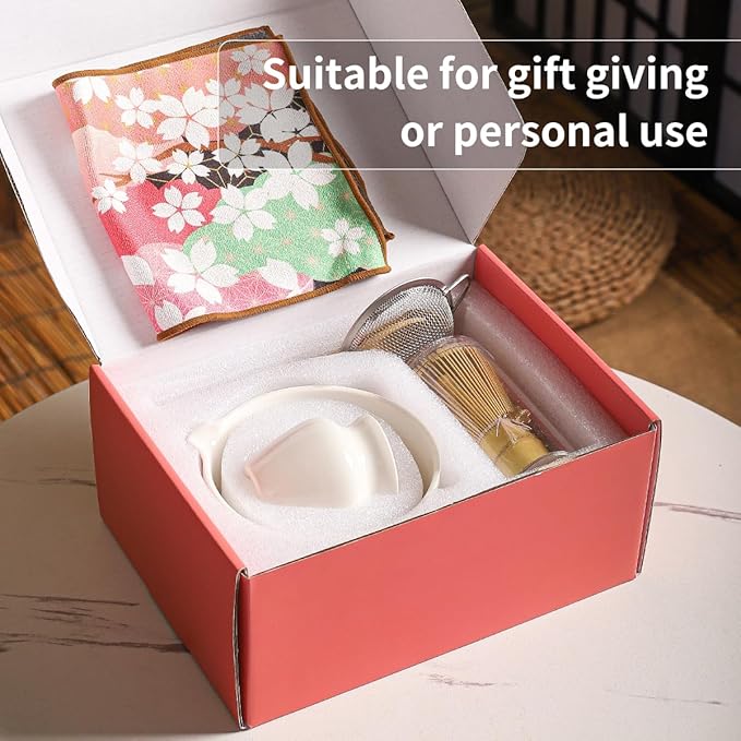 8-Piece Matcha Ceremony Set - Tea Kit with Cherry Blossom Bowl, Bamboo Whisk, Wood Scoops, Tea Cloth & Floral Display - Gift-Ready Pink Cherry color box (white)