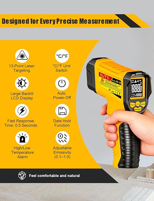 Infrared Thermometer Gun, -58℉ to 1472℉, High Precision, Non-Contact Laser Temperature Sensor with Backlit LCD, for Cooking, BBQ, Automotive, Industrial Use