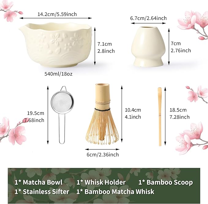 Matcha Whisk Set, 5 Pcs Ceramic Matcha Set, Matcha Kit Set Includes Matcha Bowl, Matcha Whisk and Holder, Bamboo Scoop and Sifter, Matcha Tea Set, Ideal Gift for Family/Friend (Beige)