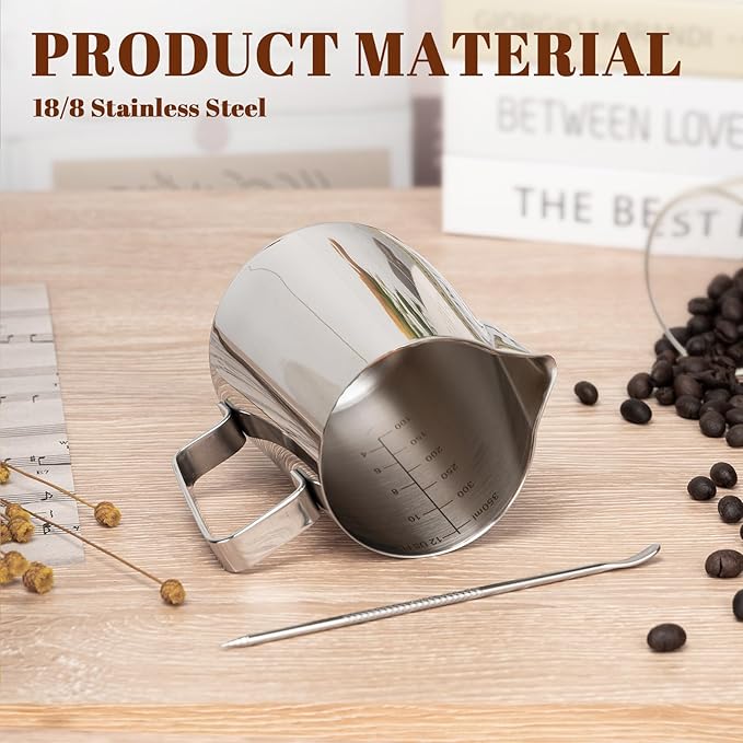 Milk Frothing Pitcher, 12oz Milk Frother Cup with Clear Scale, 304 Stainless Steel Cappuccino Espresso Machine Accessories for Barista Coffee Bar with Latte Art Pen, Silver