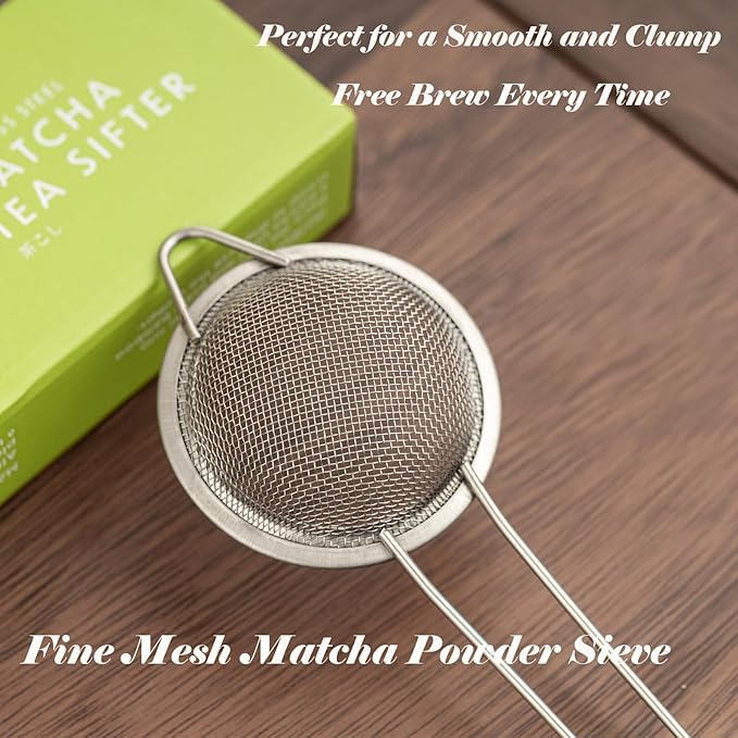 TANG PIN Matcha Sifter, Matcha Strainer and Tea Towel, Stainless Steel Sieve Sifter with Handle, Small Metal Strainer for Matcha, Juice, Drink, Herbs, Mini Sifter for Flour, Kitchen, Baking, Silver