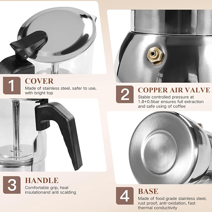 Stovetop Espresso Moka Pot, Crystal Glass-Top & Stainless Steel Italian Coffee maker, 300ml(6cup) (silver)