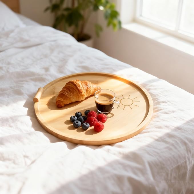 Bamboo Tray with Handle, Round Wooden Serving Tray for Bed Breakfast, Charcuterie Platters, Footstools, Coffee Tables, Outdoor Gatherings, Gifting and Home Decor Storage Tray (11.8 inch)