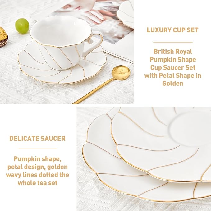 DUJUST Luxury Tea Cups and Saucers with Golden Trim, White Porcelain Tea Set of 4(7oz), British Style Coffee Cup Set, Beautiful Tea Set for Women, Tea Party Set, Gift Package - White