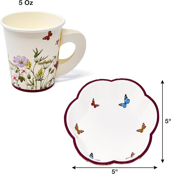 Gift Boutique 24 Tea Party Cups Disposable 5 Oz 24 Saucers Paper Plate Floral Wildflower Butterfly Teacup Set with Handles for Kids Girls Birthday