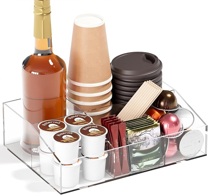 Neatsure Coffee Bar Station Organizer, Acrylic Countertop Holder for Pod Cup Condiment Stirrers Snack Tea, Bar Accessories, Decor and Essentials, Gift for Coffee Lovers, Clear by Neatsure