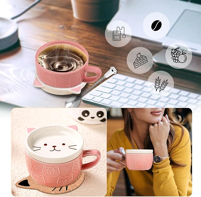 BigNoseDeer Cute Cat Mug Kawaii Tea Cup Pink Ceramic Coffee Mug with lid, Tea Cups and Saucers Preppy Stuff Cute Gifts for Women Cat Lovers Christmas Gifts 10oz