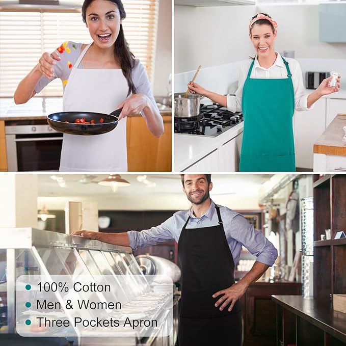 Jubatus 2 Pack 3 Pockets 100% Cotton Adjustable Bib Apron Chef Kitchen Cooking Aprons for Women Men, Black