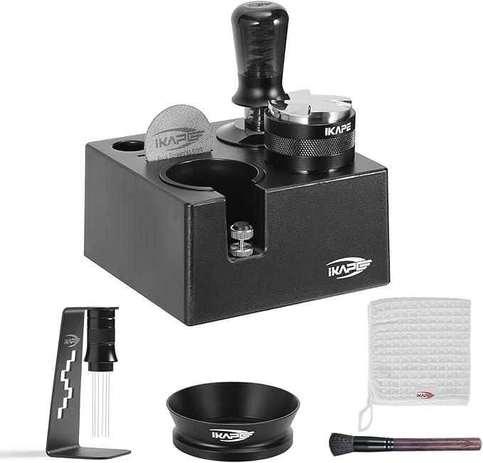 IKAPE 51MM Black Espresso Tool Set 8 IN 1, Coffee Tamper, Distributor, Magnetic Funnel, Puck Screen, Tamper Station, Stirrer Distribution Tool, Cleaning Towel and Brush by IKAPE