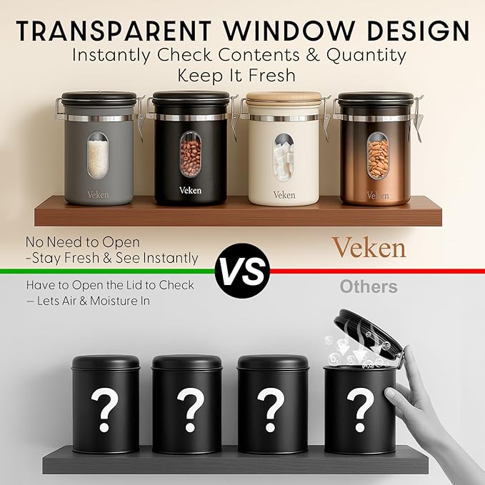 Veken Coffee Sugar Canister with Window, Easter Gifts Airtight Stainless Steel Container with Lids, Home Kitchen Food Storage Jars for Grounds, Beans, Tea, Flour, Cereal, Basket, Scoop, 22OZ, Cream