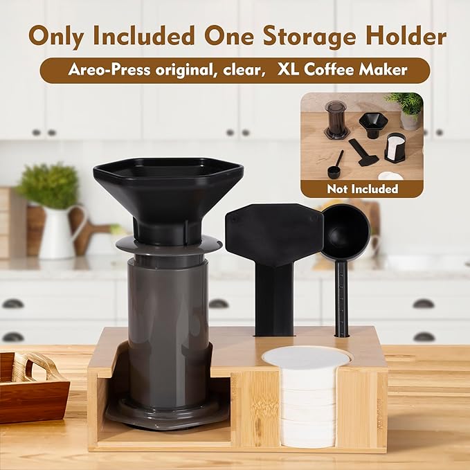 RECAPS Compact Bamboo Storage Organizer Stand Holder Compatible with AeroPress Original/Clear Coffee Maker, Spill-Resistant Coffee Caddy with Non-Slip Pads & Accessory Slots (Fit 64mm Filters)