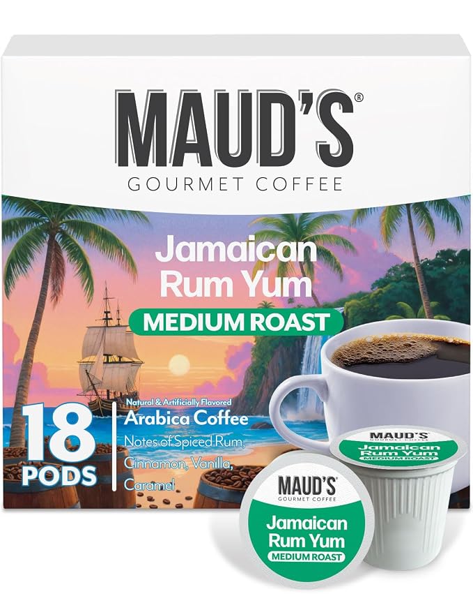 Maud's Jamaican Rum Yum Flavored Coffee Pods, 18 ct, Medium Roast Flavored Coffee in Single Serve Pods – 100% Arabica Beans, Compatible with Keurig K Cups Maker by MAUDSCOFFEETEA