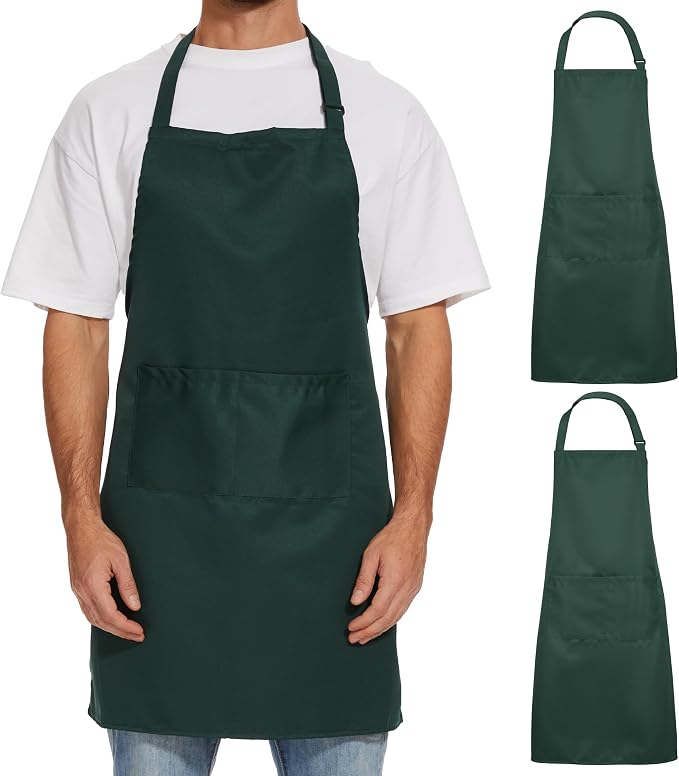 Will Well Kitchen 2 Pack Bib Apron For Men & Women with 2 Pockets - Green | Unisex 33'' x 27'' Oil & Water Resistant Soft Kitchen Chef Apron with Adjustable Neck Strap & 38'' Waist Ties for Snug Fit by WillWell