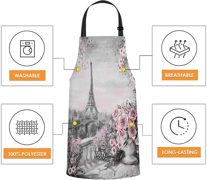 Gray and Pink Oil Painting for Paris Eiffel Tower Bib Apron with Adjustable Neck for Men Women,Suitable for Kitchen Cooking Chef Grill Bistro BBQ Apron - Image 4