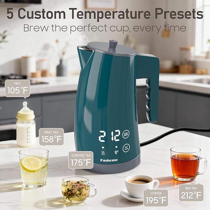 Electric Kettle with Temperature Control, 5 Preset Temps & 2H Keep Warm, 1200W Quiet Water Boiler, BPA-Free Double Wall Cool Touch, Digital Display, 360° Base - Green