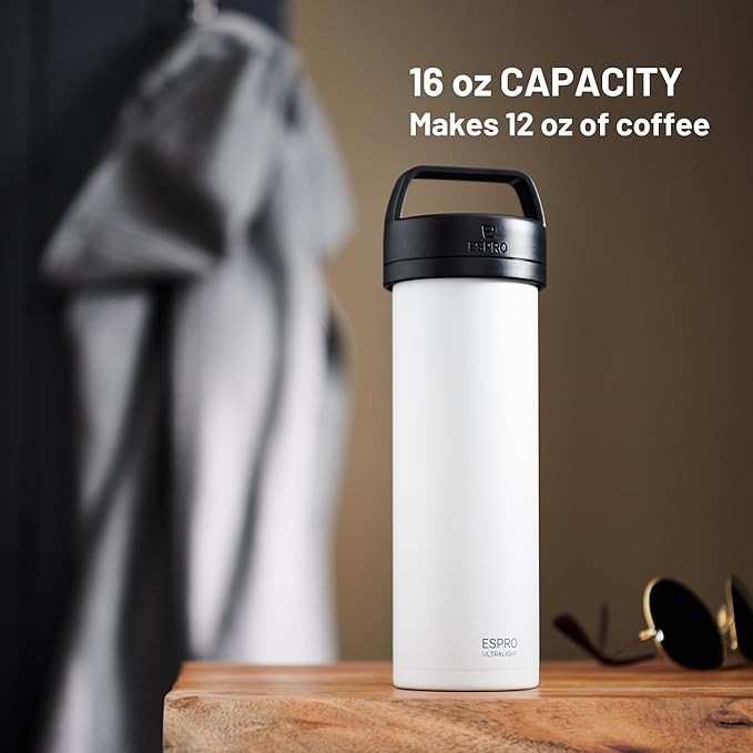ESPRO P0 Ultralight French Press Coffee Maker for Travel, Vacuum Insulated Stainless Steel, 16 Ounces, Chalk White