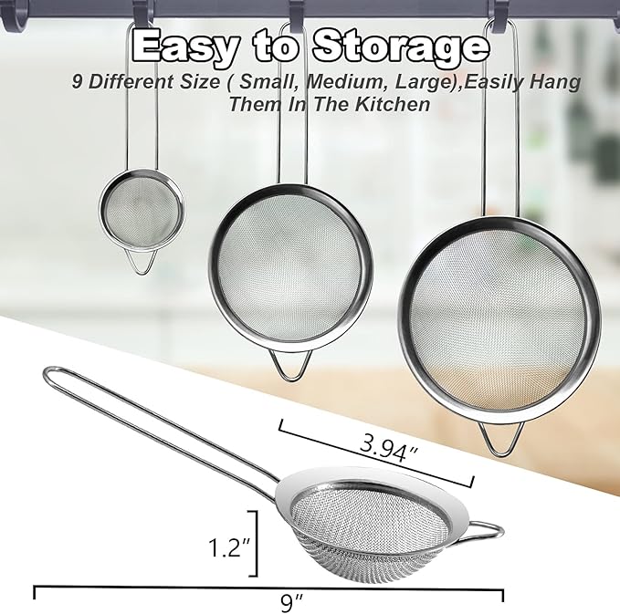 Anaeat Fine Mesh Strainers - Premium Stainless Steel Colander Sieve Sifters, with Durable Mesh and Sturdy Handle, Excellent for Sifting Dry ingredients, Flour, Pastas, Rice, Tea (3.94"）