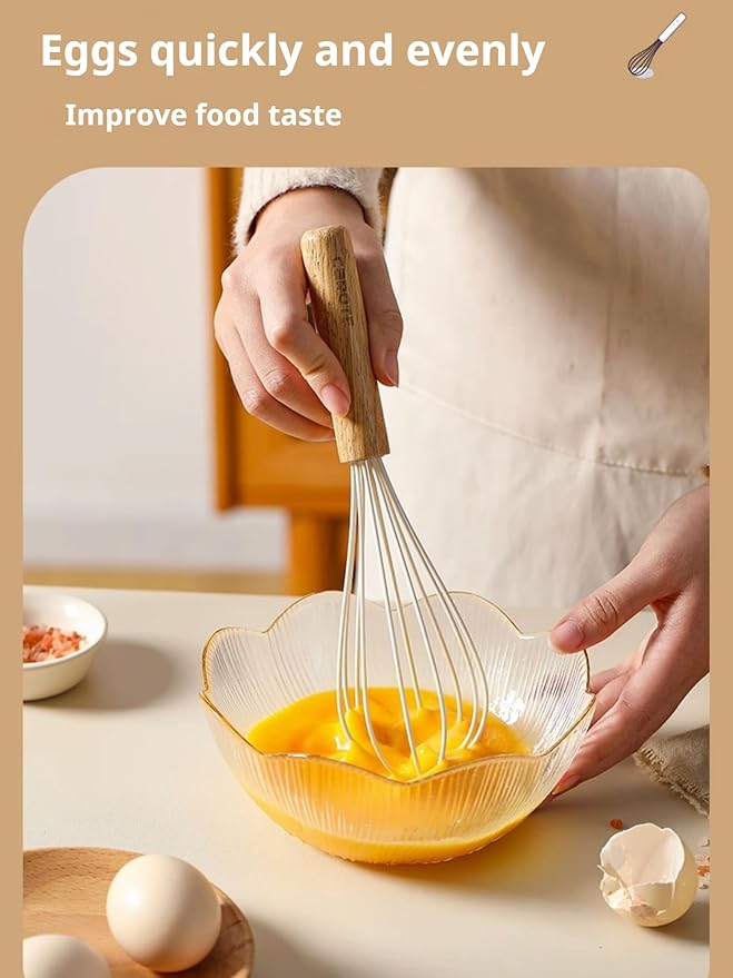 10.5" Stainless Whisk with Wood Handle - Head with Wood Handle - Whisk for Pancake Batter, Eggs and Egg, Cake Mix, Blending, Gravy and Sauces (Whisks)