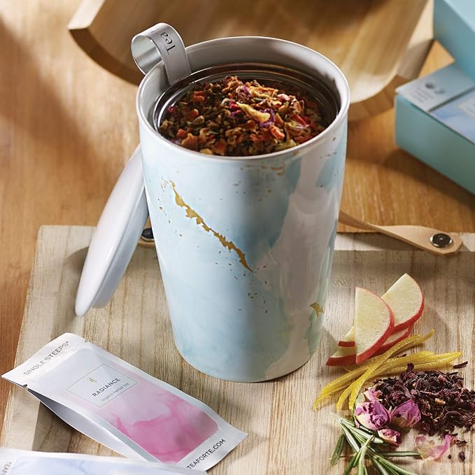 Tea Forte Double-Walled Ceramic Kati Cup, Removable Stainless Steel Infuser Basket and Lid, Steeps 12 oz Loose Leaf Tea, Dishwasher & Microwave Safe, Wellbeing (Blue/Gold)