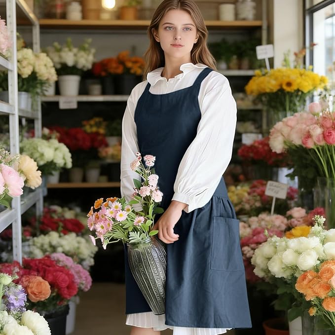 Cotton Linen Cross Back pinafore Apron Dress for Women with Pockets for Cooking Cleaning - Crossback Apron - Blue - with Waist Ties - Image 3